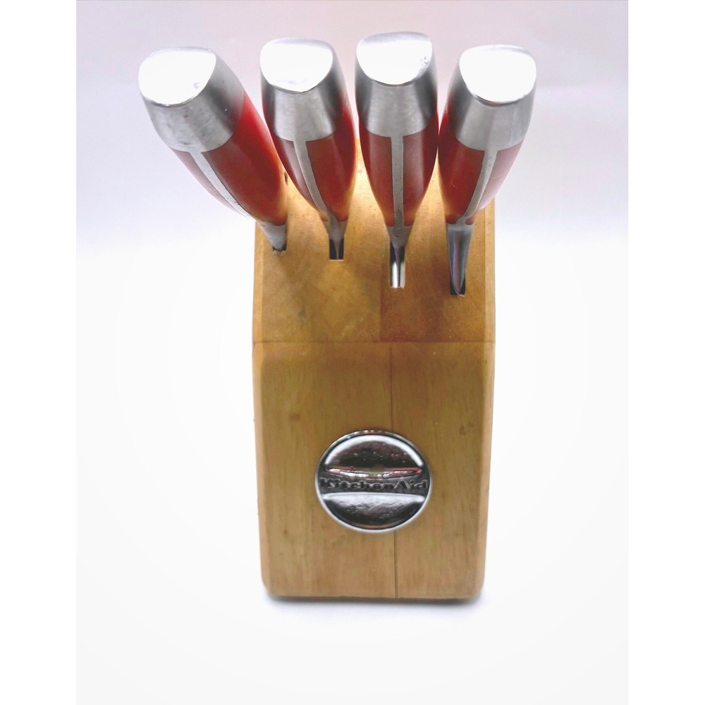 KitchenAid Knife Set 5 Piece Red Stainless Steel Chef Santoku Bread Wood Block